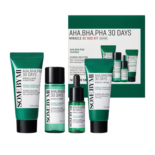 SOME BY MI AHA BHA PHA 30Days Miracle AC SOS Kit - Toner 1.01Oz, Serum 0.33Oz, Cream 0.7Oz, Foam 1.01Oz - Mild Exfoliating Daily Skin Care Set