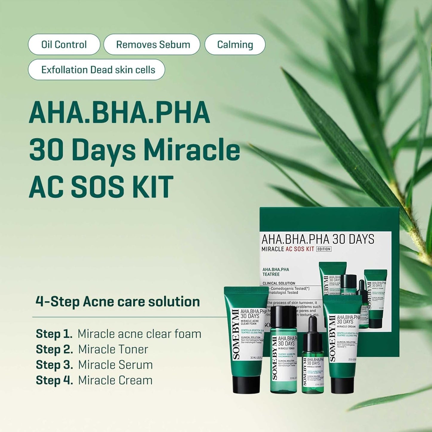 SOME BY MI AHA BHA PHA 30Days Miracle AC SOS Kit - Toner 1.01Oz, Serum 0.33Oz, Cream 0.7Oz, Foam 1.01Oz - Mild Exfoliating Daily Skin Care Set